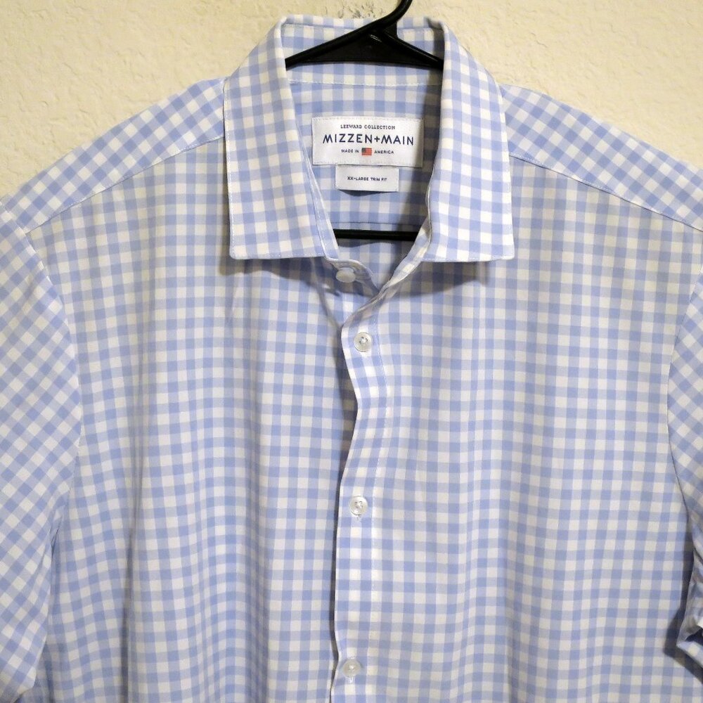 Mizzen Main Shirt Mens 2XL Long Sleeve Light Blue White Gingham Trim Fit